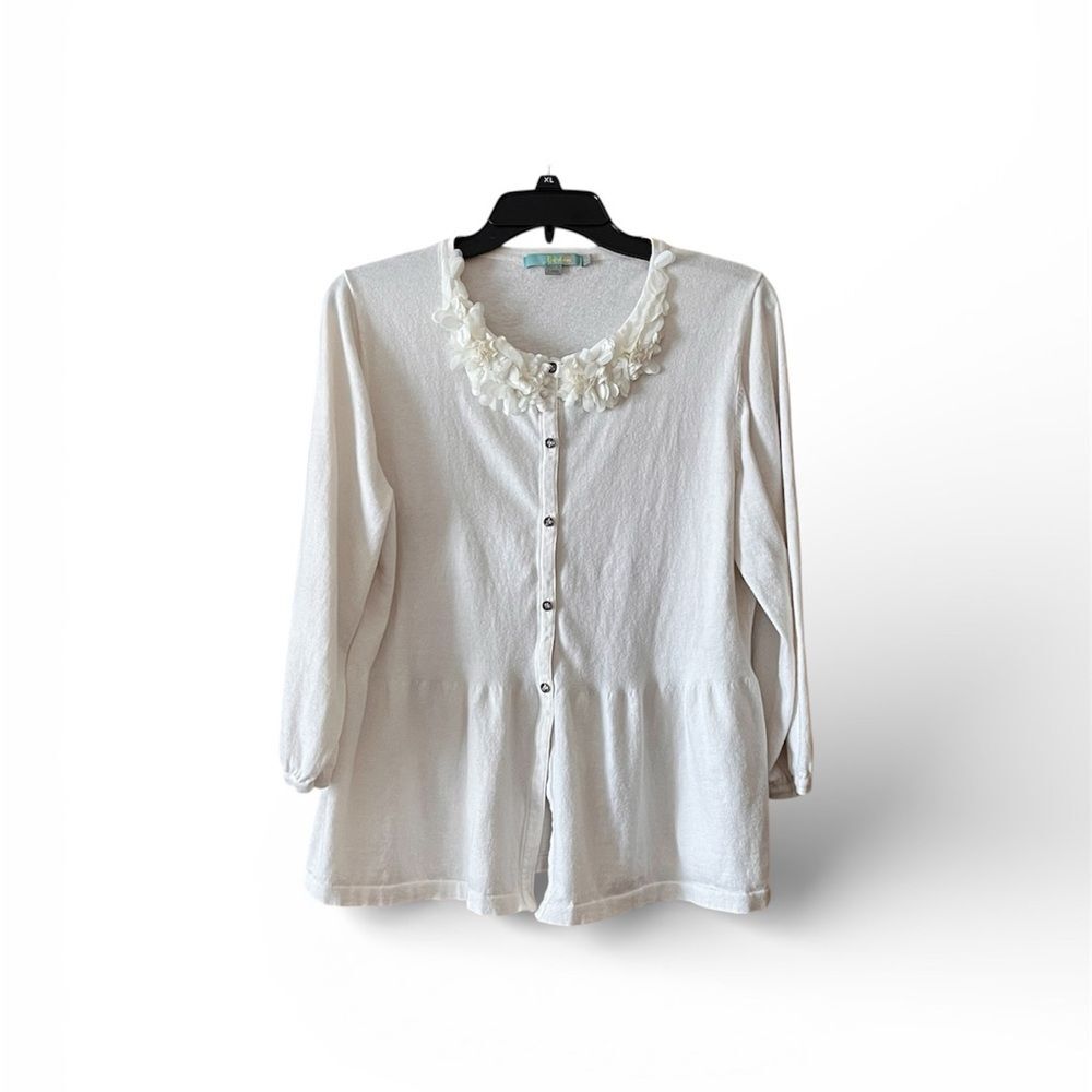 Boden Cotton-Silk Blend Smocked Button Cardigan with 3D Floral Collar Size 14